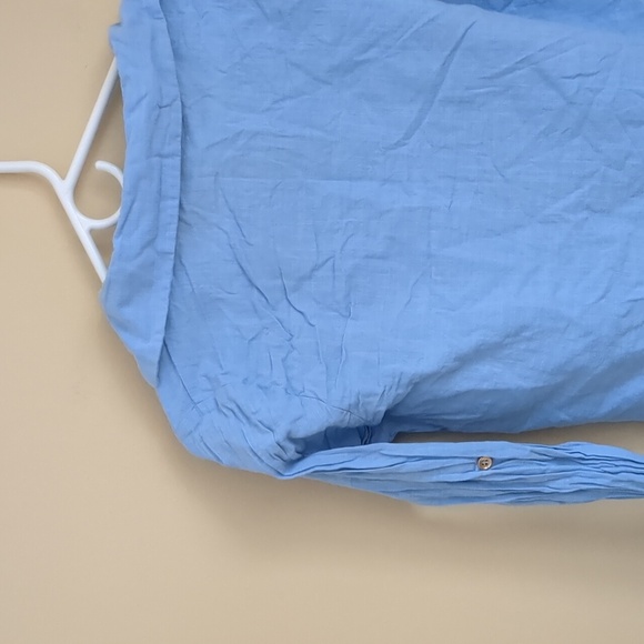 Large Blue Shein Shirt Roll Tab Sleeves Collared Button Up Gold Buttons - Picture 11 of 14